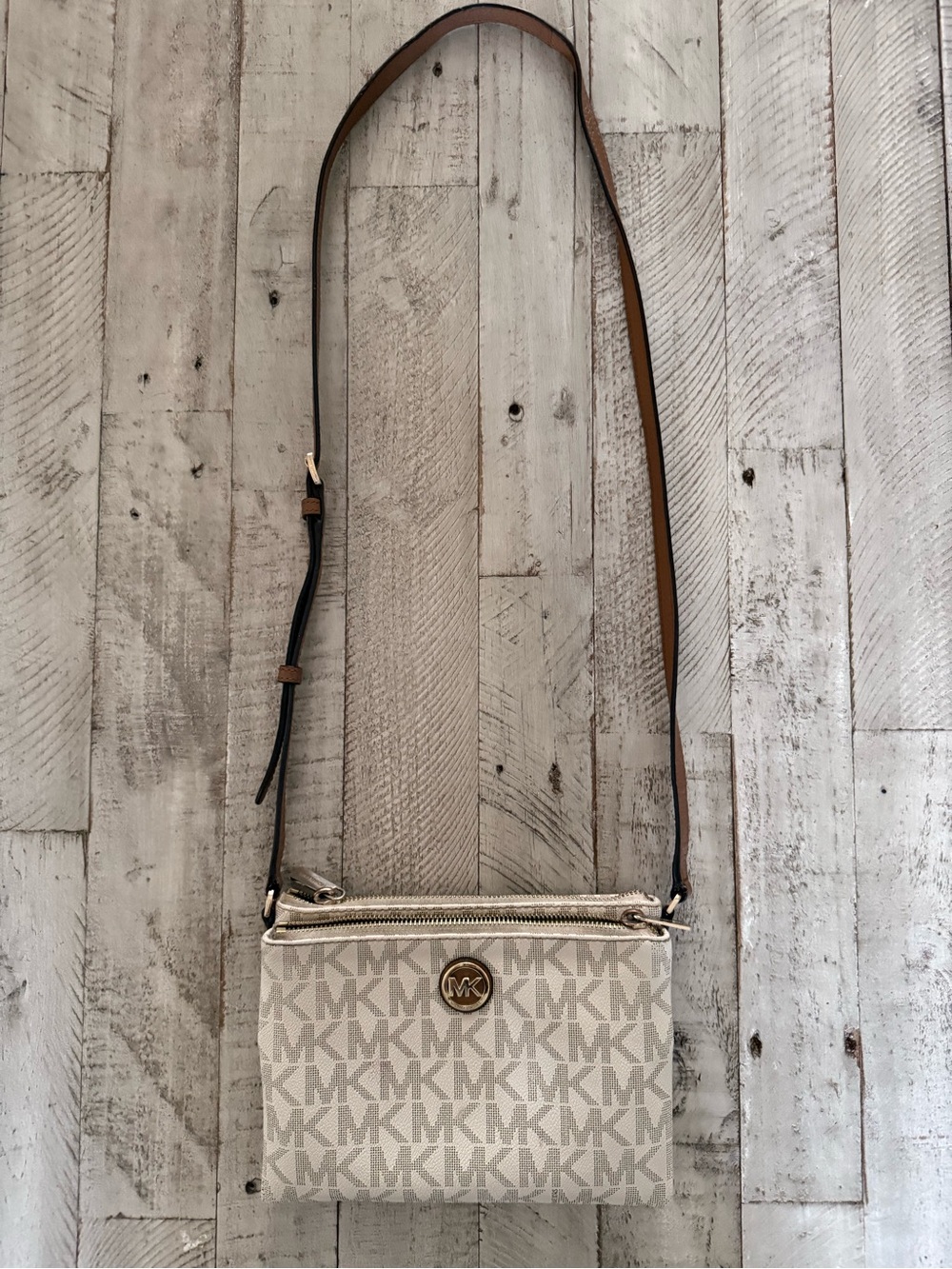 Michael Kors Cream Signature Logo Crossbody with Tan Strap